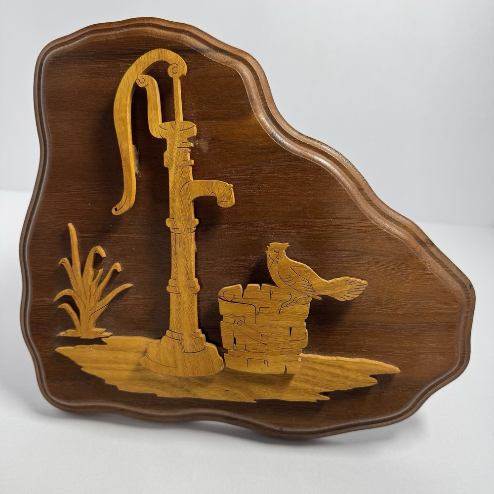 Vintage Handcrafted Wood  Relief Wall Art Water Pump Well Bird Folk/Rustic Art